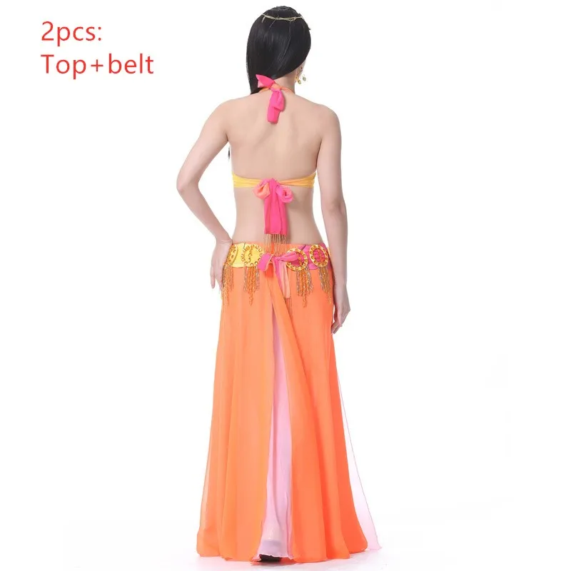 Индийский костюм для танца живота, комплекты для выступлений, Сексуальная Одежда для танцев, раздельная юбка для танца живота, брабельт, блестки, алмазная кисточка, танцевальная сцена - Цвет: Orange 2pcs