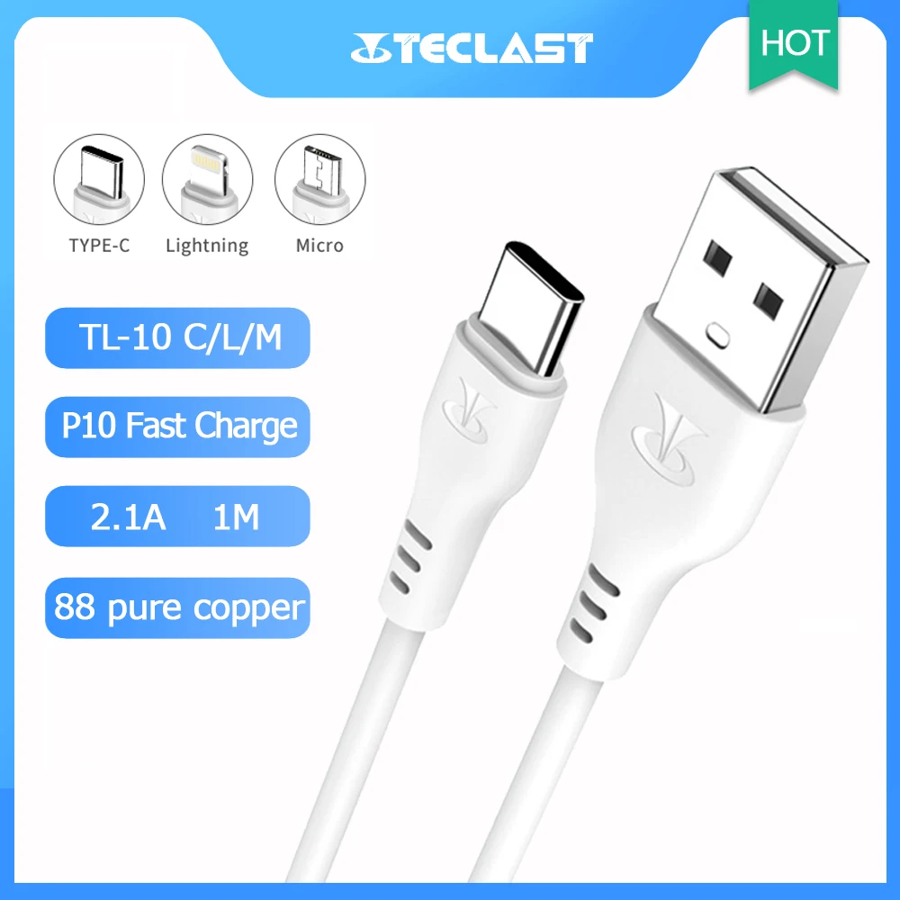  Быстрозаряжающий кабель Teclast P10 с разъемом Type C Lightning Micro USB, ток А, надежное качество, материал ПВХ 1 м, быстрая зарядка 