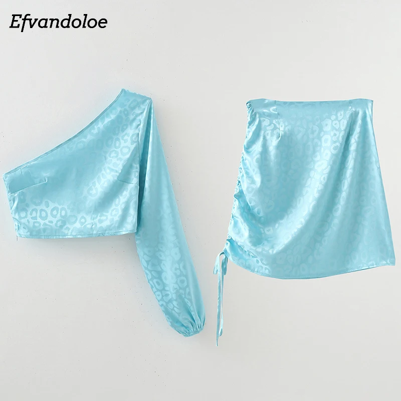 Женский комплект из 2 предметов синий Леопардовый укороченный топ на одно плечо с