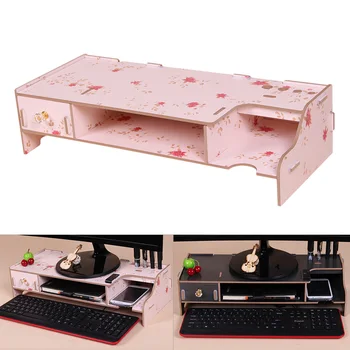 

Wooden Computer Desk Monitor Stand Riser Organizer with Keyboard Mouse Storage Slots for Office Supplies School Teachers