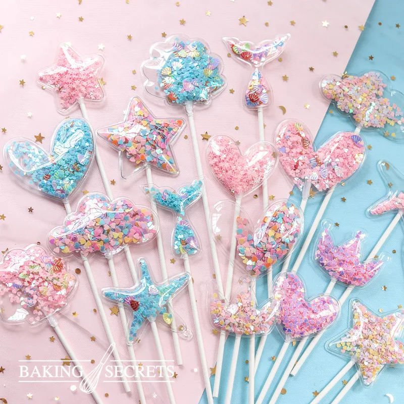 Cake Topper 3pcs Mermaid Sequin Cake Topper Baby Shower Cake Decoration Blue Pink Star Shell Ocean Cupcake Toppers Birthday Wedding Party
