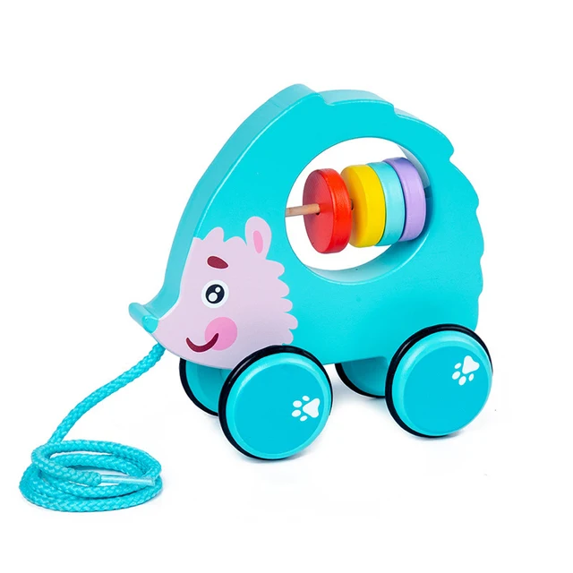 Wooden Cartoon Animal Trailer Children's Early Education Puzzle Hand Pull Rope Push Pull Walker Building Block Toy Car Kawaii 6