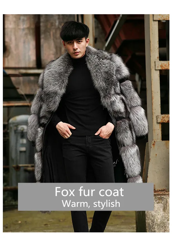 Натуральное лисьего меха, зимнее пальто для мужчин, утолщенное, теплое, серебряного цвета, длинное пальто для мужчин, куртки с отворотом, натуральный Лисий мех, мужская одежда