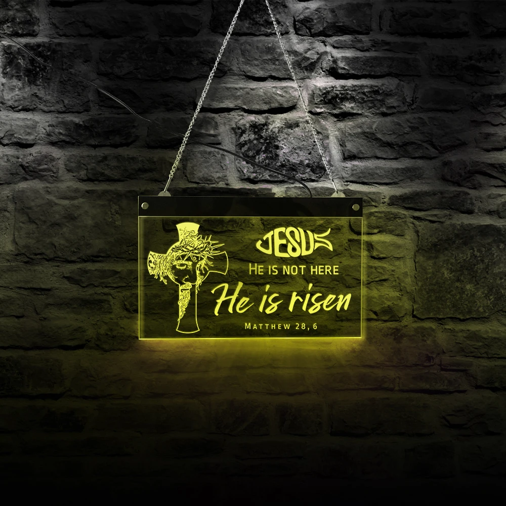 Иисуса он не здесь, он воскрес Пасхальный светодиодный подвесной знак церковный портрет Христос цитата Библейская лампа неоновый настенный ночник