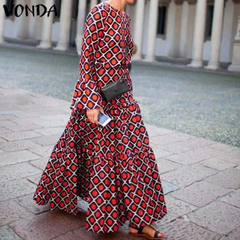 

VONDA Brand Autumn Spring Long Sleeve O Neck Printed Dress Casual Loose Beach Party Bohemian Sundress Maternity Vestidos 5XL