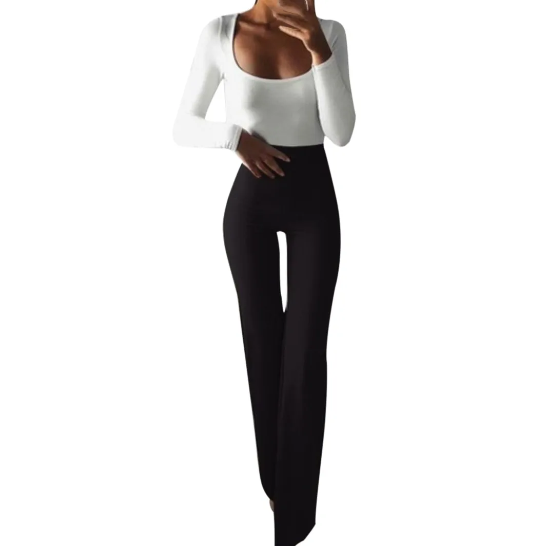 Осенние однотонные элегантные женские расклешенные широкие брюки палаццо с высокой талией для деловой женщины, длинные эластичные брюки - Цвет: Черный