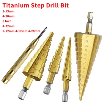 

HSS Steel Titanium Step Drill Bit 3-12mm 4-12mm 4-20mm Step Cone Cutt Tools Metal Drill Bit Set for Woodworking Wood