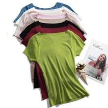 

Summer T Shirt Women Fashion V-Neck Tshirt Knitted Cotton 2022 Korean T-Shirt Woman Clothes Tee Shirt Femme Camisetas Mujer