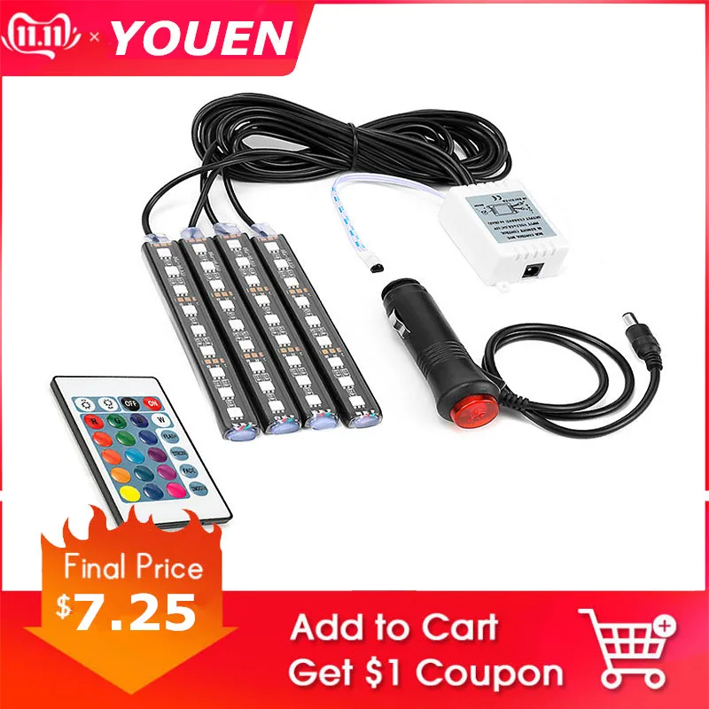 

YOUEN 4pcs Car RGB LED Strip Light LED Strip Lights Colors Decorative Atmosphere Lamps Car Interior Light With Remote 12V