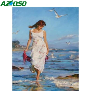 

AZQSD DIY Painting By Number Canvas Kits Portrait Home Decoration Unframe Coloring By Numbers Seaside Girl Unique Gift