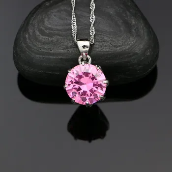 طقم مجوهرات نسائي من الفضة الإسترليني عيار 925 مرصع بأحجار مستديرة ، طقم مجوهرات زركونيا مكعبة باللون الوردي ، أقراط من الكريستال الأبيض ، قلادة ، خاتم ، سوار ، قلادة 2