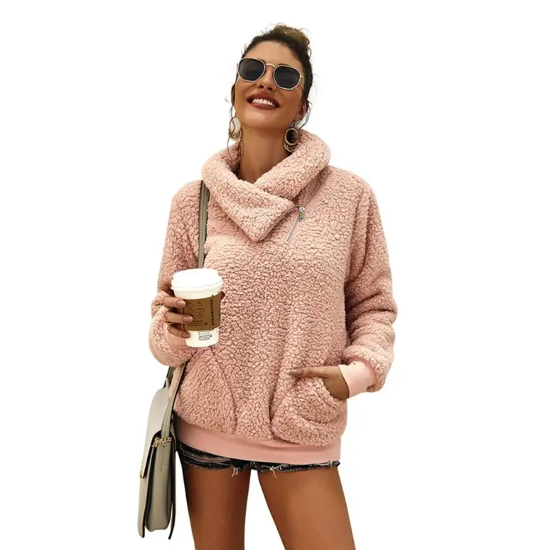 Женская осенне-зимняя толстовка на молнии с воротником-стойкой и длинным рукавом, толстовки с капюшоном и карманами из флиса, пуловер, пальто, верхняя одежда - Цвет: PK