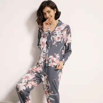 

Summer Autumn Ladies Pajamas Set Floral Printed Full Cotton Fresh Style Sleepwear Women Turn-down Collar Female Casual Homewear
