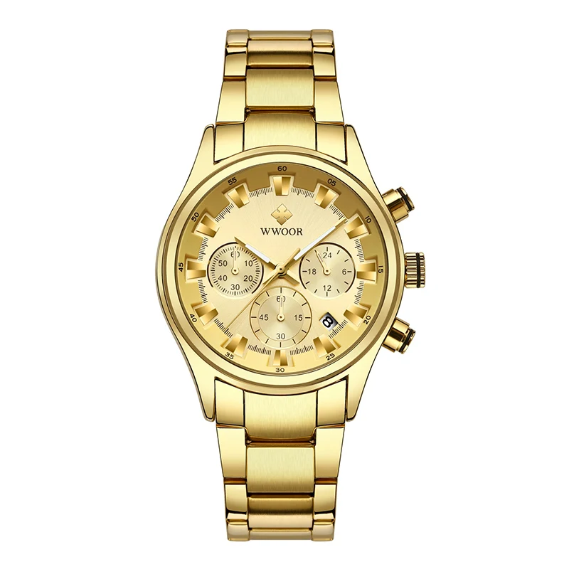 

WWOOR 8857 Gold Casual mannen Horloge Man Waterdichte Business Quartz Klok Horloges Top Merk Luxe Rvs Man Horloge
