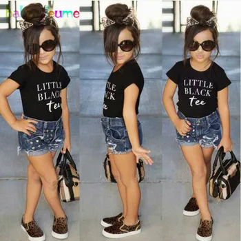 

2Piece Kids Sets Baby Summer Outfits Toddler Girls Clothing Fashion Casual Black Letter Cotton T-shirt+Denim Hole Shorts BC1554