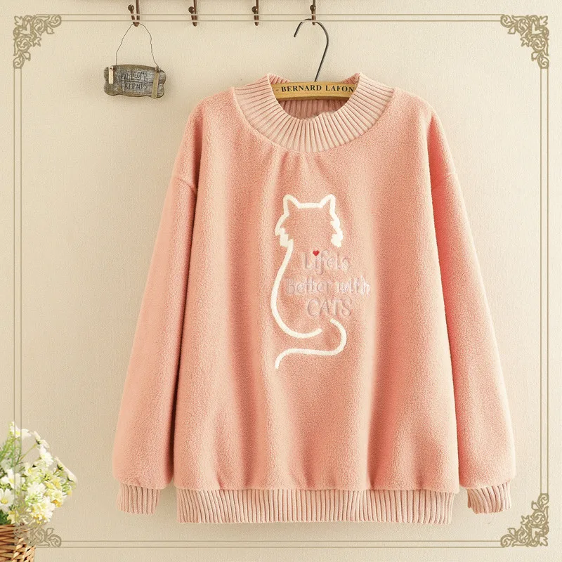 Pink Японский небольшой свежий мультфильм Кот Вышивка толстовка с капюшоном круглый вырез с длинным рукавом женский осенний свободный студенческий пуловер Топы - Цвет: Pink