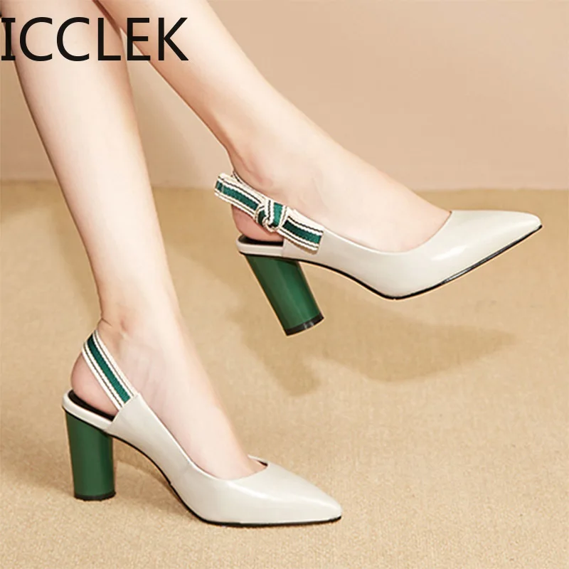 Office Shoes Sandals Women Pumps Green-Heels Pointed-Toe Dress Zapatos-Mujer New Slingbacks