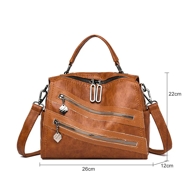 

Vintage Women Leather Shoulder Bag Female Double pocket Causal Totes for Daily Shopping All-Purpose High Quality Medium V4-98