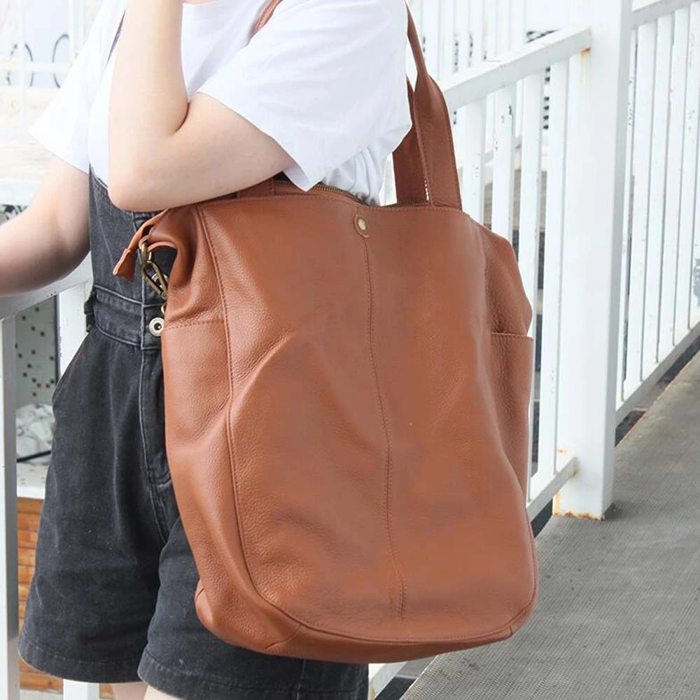 Large Genuine Leather Bag Simple Laptop Handbags Long Strap Shoulder