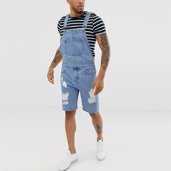 

Men Summer Vintage Hole Jeans Shorts Mens Fashion Hip Hop Slim Jumpsuit Blue Casual Denim Overalls Rompers Pants