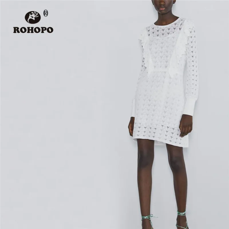 

ROHOPO Round Collar Jacquard Ruffled Top Front Mini White Dress Lantern Sleeve Solid Knitted Straight Vestido #9604