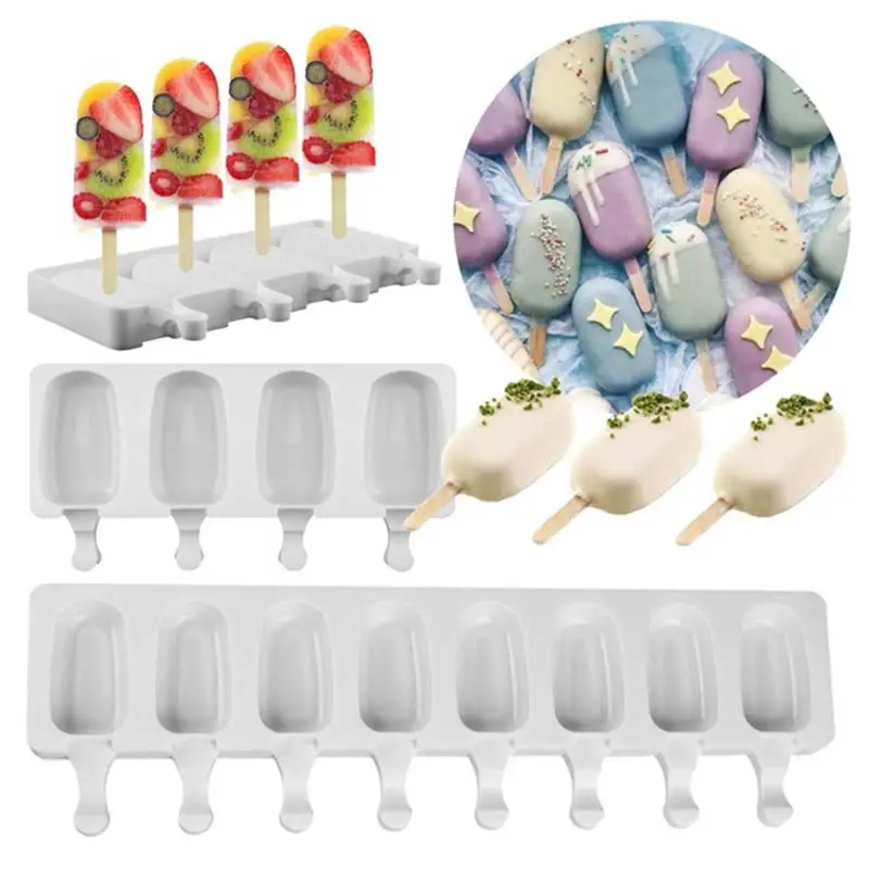 

4/8 Holes Silicone Ice Cream Mould Ice Cube Tray Popsicle Barrel DIY Mold Dessert Ice Cream Mold with Popsicle Sticks