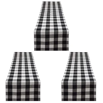 

Checkered Table Runner, Trendy & Modern Plaid Design Cotton Table Runner with Three Christmas Hat for Family Dinner