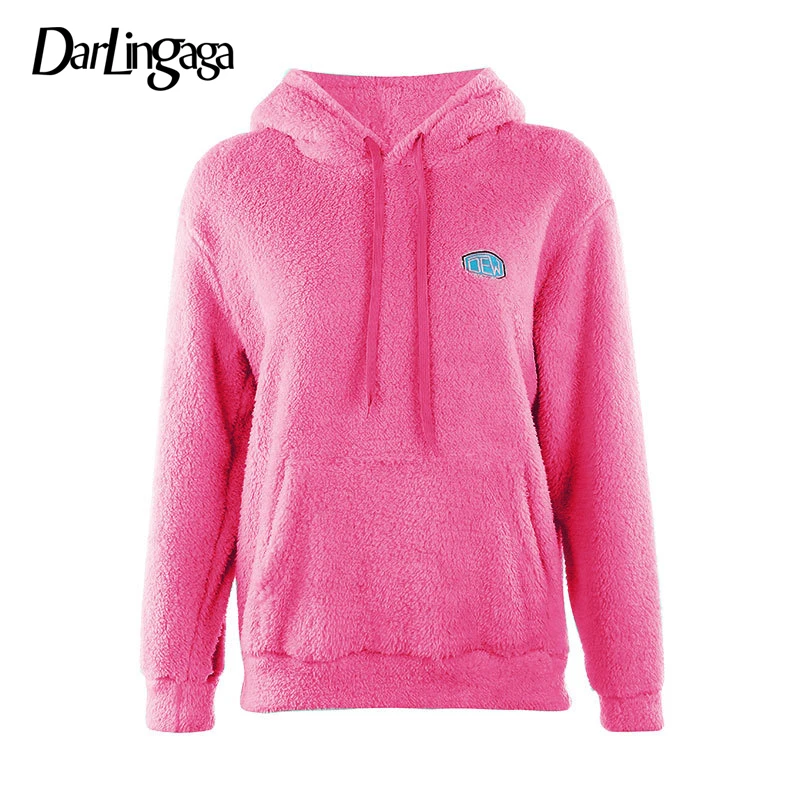 Pink Darlingaga, осенне-зимние флисовые толстовки, женские топы, пуловер, лохматый, теплое полотенце, вышивка, свободная толстовка, модная толстовка, Moletom - Цвет: Pink