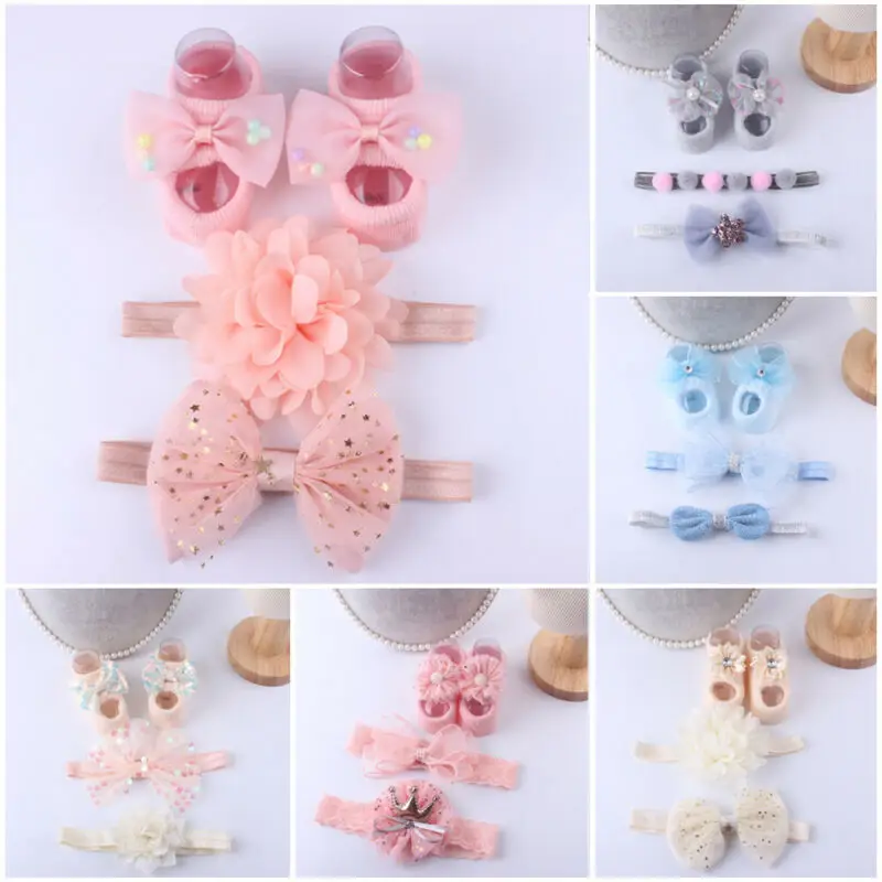 

Cute Newborn Baby Boy Girls Socks Unisex Infant Cute Flower Warm Shoes Socks with 2Pcs Headband 0-3Y