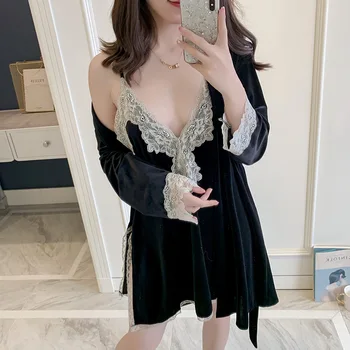

Velour 2PCSs Robe Set For Young Lady Velvet Nightwear Black Kimono Bathrobe Gown Female Autumn Winter Sexy Twinset Sleepwear