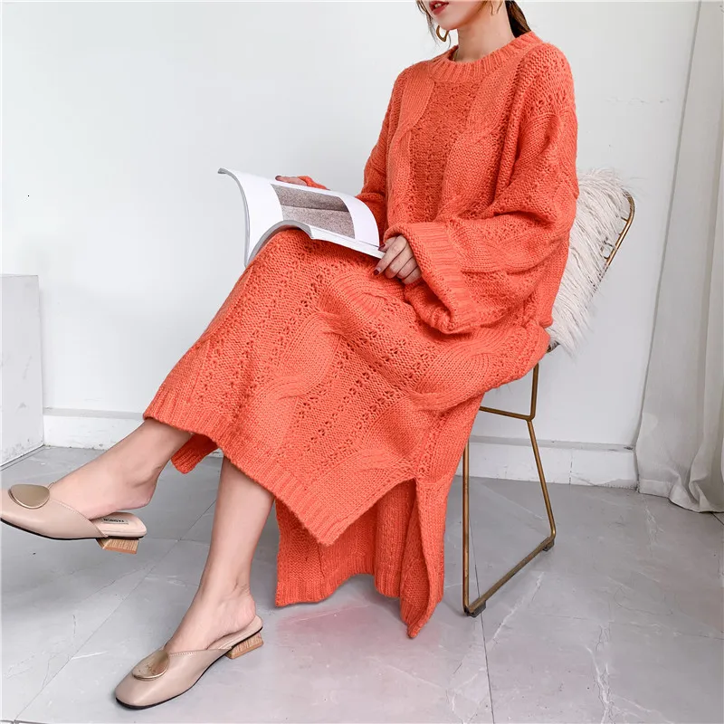 [EWQ] пуловеры с круглым вырезом и длинным рукавом, вязанные, размера плюс, женское платье-свитер, толстые теплые зимние женские длинные Повседневные вязаные платья QL20802 - Цвет: orange