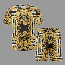 Retro Style T-Shirt+Shorts 2 Piece 2021 Summer Classic Casual Men's Sets Digital Printing Short Sleeve Outfit Man Beach Clothes