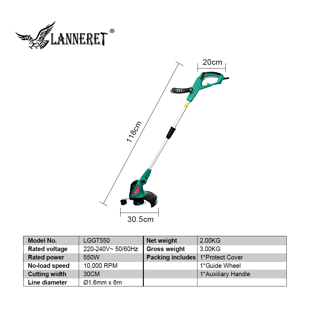 LANNERET, электрический триммер для травы, 550 Вт, регулируемый вал, переменный ток, газонокосилка, машина, триммер, вращающаяся трубка, садовый инструмент