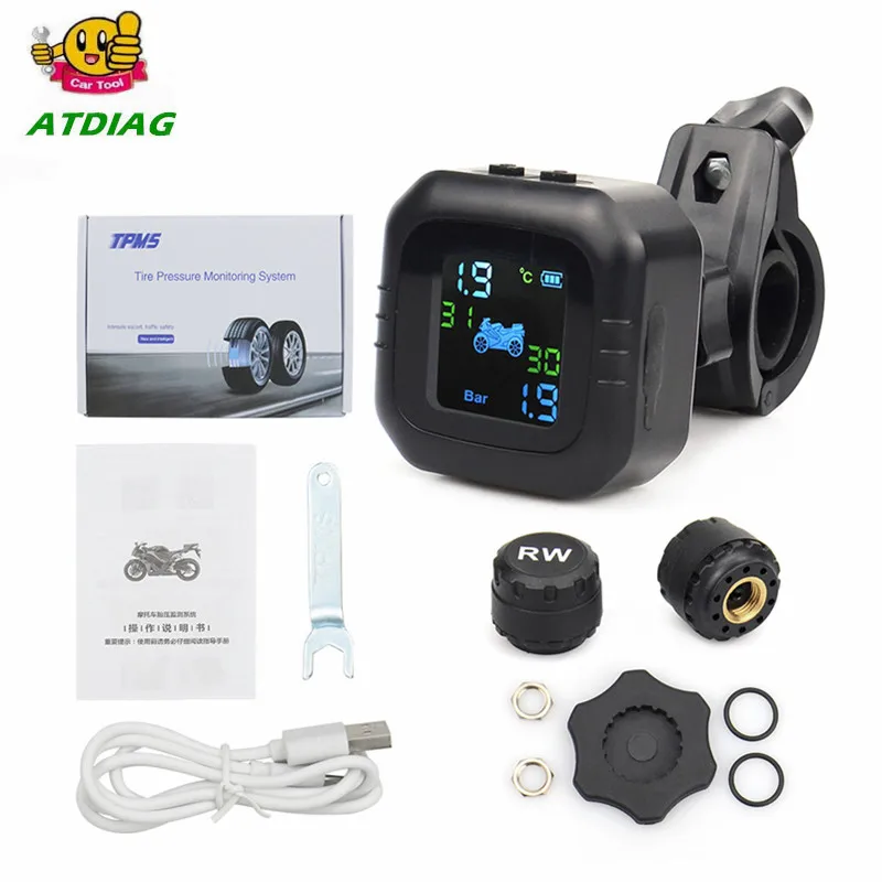

Motorcycle Tire Pressure Monitoring System with 2 External Sensors Motor TPMS Real-time Voice Alarm Tyre Security USB Charging