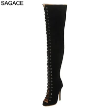 SAGACE ботинки модные женские ботинки из флока с открытым носком обувь на молнии Bota/женские высокие сапоги выше колена на высоком каблуке zapato de mujer