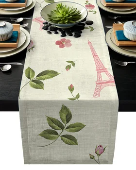 

Spring Pink Flowers Green Leaves Eiffel Tower Table Runner Modern Linen Cotton Tablecloth Home Wedding Party Dinning Table Decor