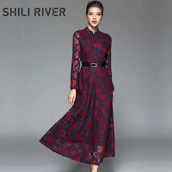 

2020 spring autumn long party dress for women long sleeve slim casual elegant lace flower floral embroidery dresses belt claret