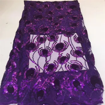 

2019 Latest Purple African Net Lace Fabric, High Quality Sequins Nigerian Wedding Lace Fabrics 5Yards Sequins French Tulle lace