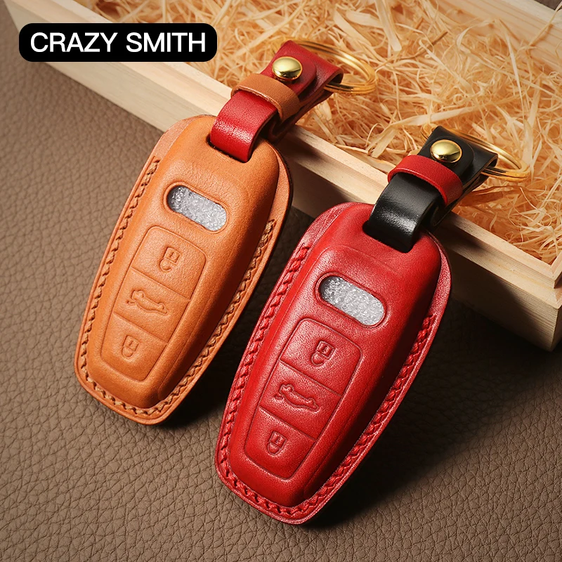 

Crazy Smith Handmade Car Key Leather Cover for Audi A6L/7/A8L/Q8 Vegetable Tanned Leather High Quality Gifts For Families Brown