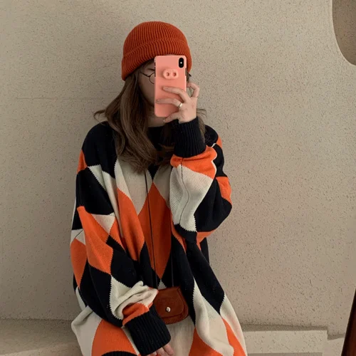 orange Neploe, хит, цветной свитер, пэчворк, вязаный пуловер, платье для женщин,, корейский стиль, длинный рукав, o-образный вырез, Cuasal Pull Jumpers 55657 - Цвет: orange