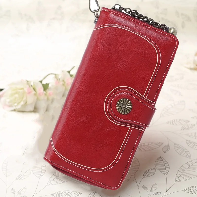 Модный Ретро кошелек женский длинный масло воск кожи муфта большой емкости сумка для мобильного телефона женский кошелек, кожаный кошелек - Цвет: red
