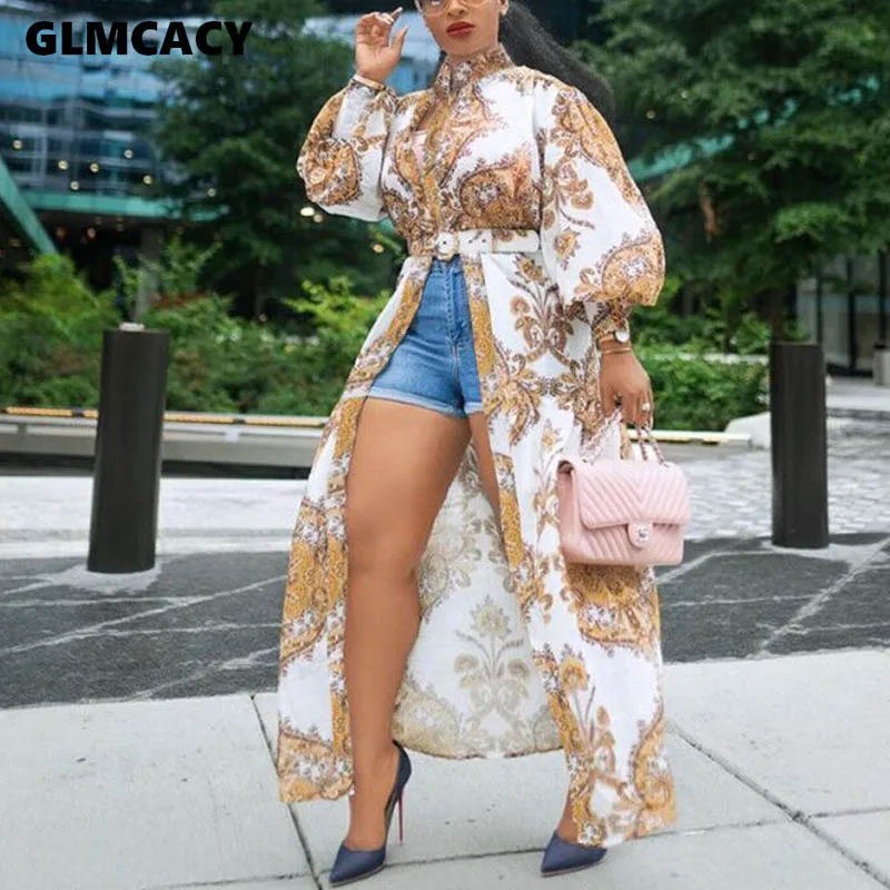 

Women Streetwear Notched Sashes Puff Sleeve Long Asymmetrical Dress Casual Print Loose Long Sleeve Ankle-length Dress