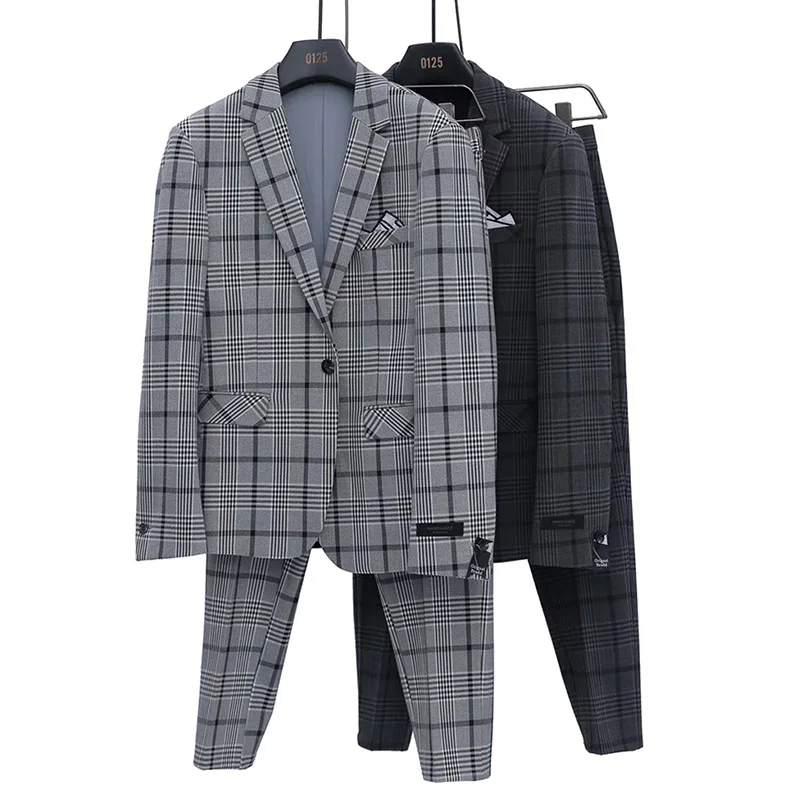 2020 Two piece Male Formal Business Plaids Suit for Men's Fashion