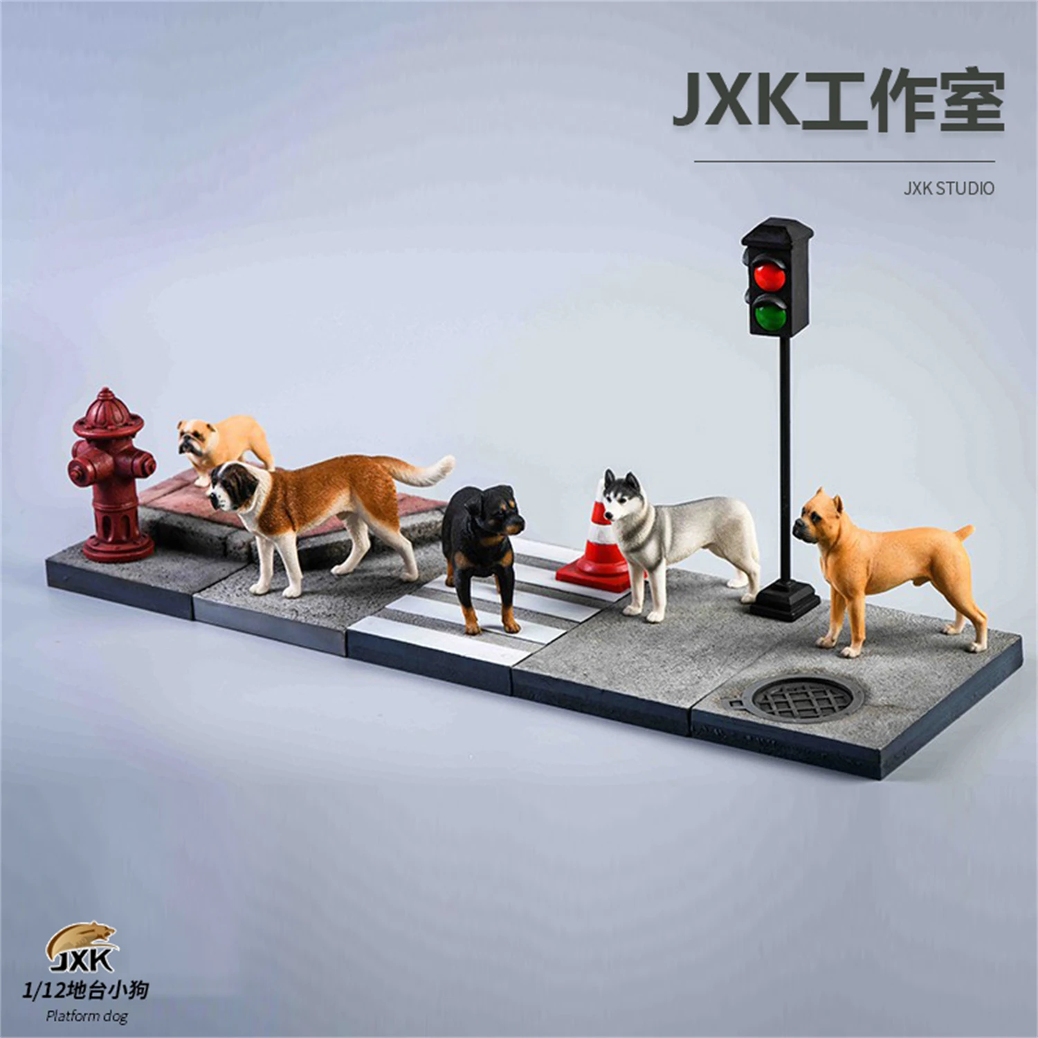 JXK 1/12 Bulldog Dog Pet Figure with Base Animal Model Adult Xmas