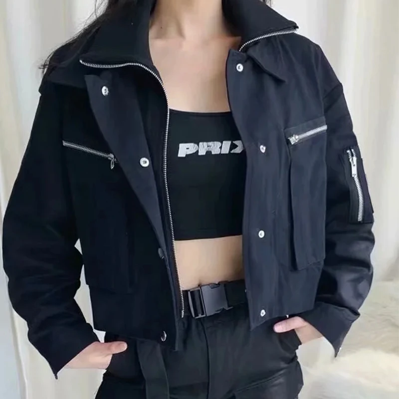 

Women's Denim Jackets Black Crop Tops Long Sleeve Jacket with Zip Female Coats Girls Highstreet Cool Outwear Mujer Za2020 Autumn
