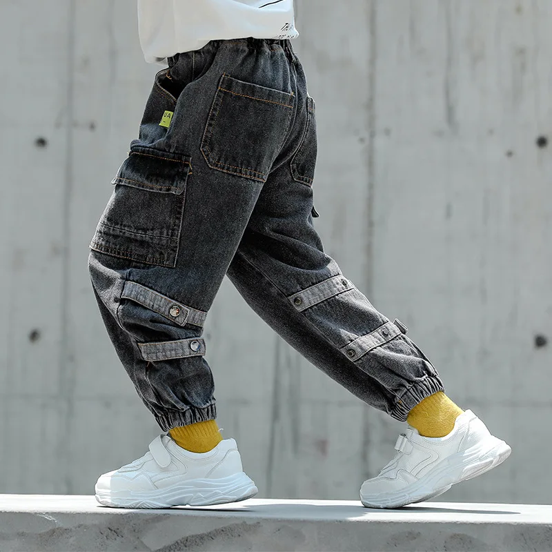 New Boys Bottoms Jeans Boys Kids Clothes Girls Loose Denim Pants Punk Style Metal Button Unisex Jeans Elastic Waist Trousers 14Y