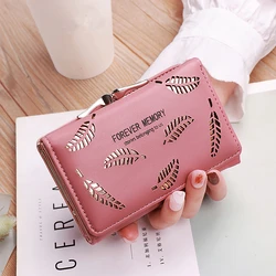 7-Color Fashion Women's Short Wallets PU Leather Hollow Leaves Mini Coin Purses Fold Hasp Girl Female Money Card Holder Clutch
