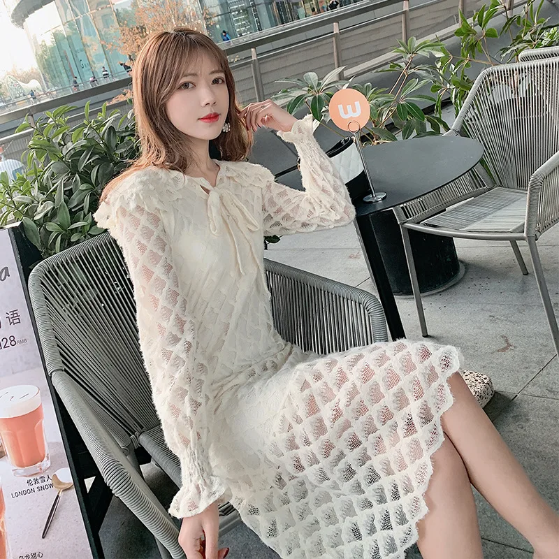 

2020 Spring WOMEN'S Dress New Products Korean-style Elegant Ruffled Collar by Age Lace-up Loose-Fit Slimming Lace Dress Women's