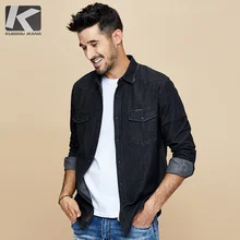 KUEGOU Осенняя хлопковая джинсовая рубашка с буквенным принтом, мужская повседневная приталенная рубашка на пуговицах с длинным рукавом для мужчин, брендовая блуза размера плюс 6996