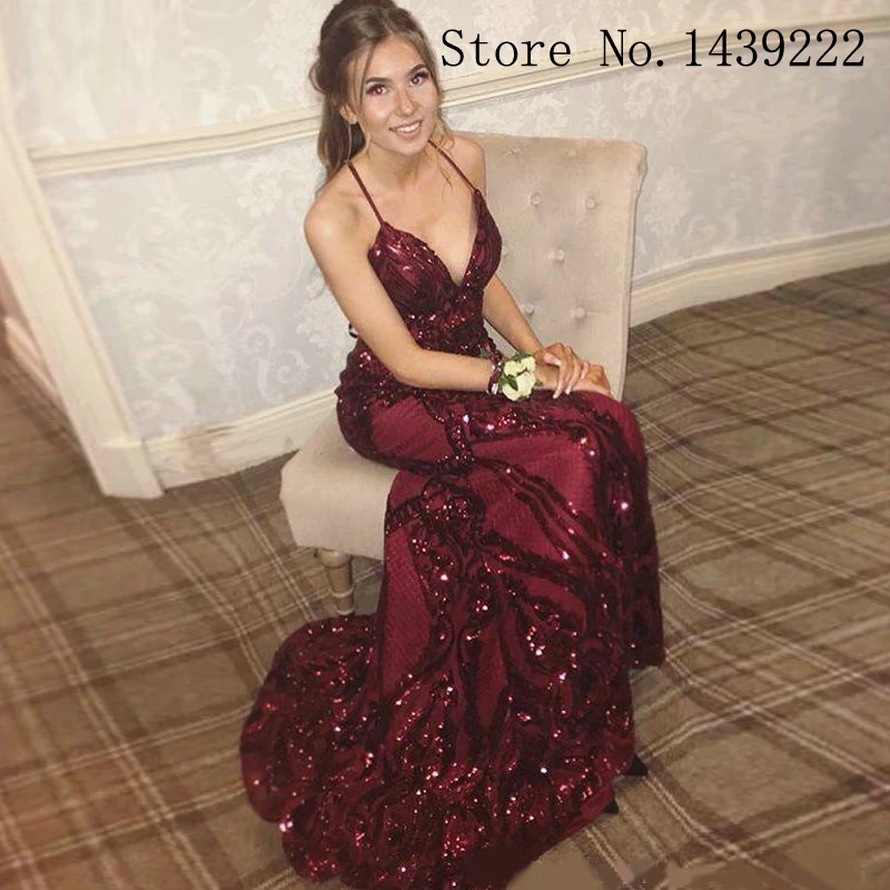 Бургундия Bling Sequin V шеи вечерние платья выпускного вечера Спагетти ремни Vestidos De Fiesta De Noche платье размера плюс